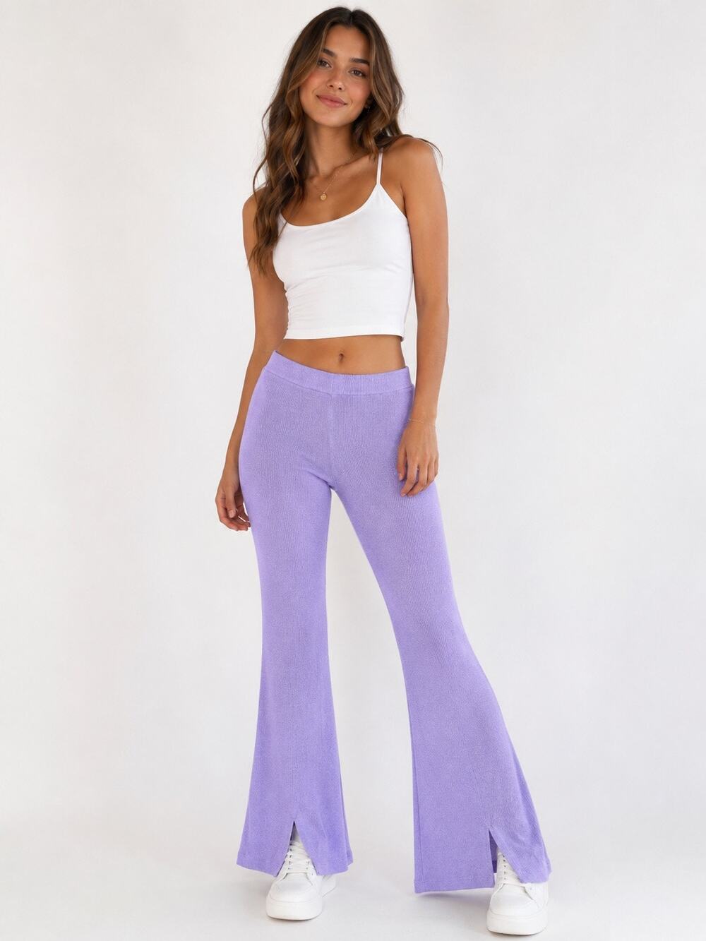Callahan Knitwear NWT Women's High Waisted Flare Leg Pants Lavender Cotton S
